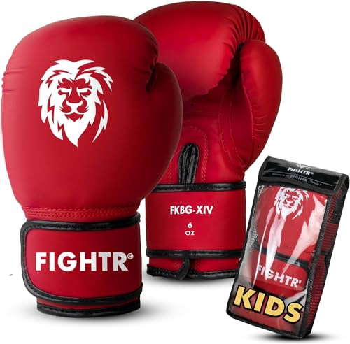 FIGHTR® Kinder Boxhandschuhe mit bestem Sitz für maximalen Schutz | Junior Jungen und Mädchen | für Boxen, MMA, Muay Thai, Kickboxen & Kampfsport 04 06 oz | inkl. Tragetasche (Rot, 04 oz) von FIGHTR