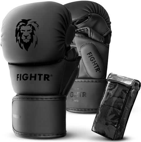 FIGHTR® MMA Sparring Handschuhe mit bestem Sitz für maximale Stabilität | mit extra Dicker Polsterung | für Sparring, MMA, Boxen, Kickboxen & Kampfsport 07 oz | inkl. Tragetasche (All Black, L) von FIGHTR