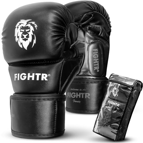 FIGHTR® MMA Sparring Handschuhe mit bestem Sitz für maximale Stabilität | mit extra Dicker Polsterung | für Sparring, MMA, Boxen, Kickboxen & Kampfsport 07 oz | inkl. Tragetasche (Schwarz, S) von FIGHTR