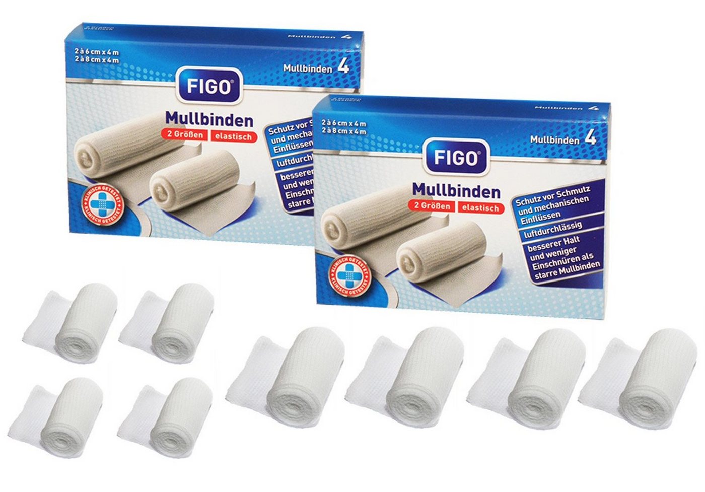 FIGO Bandage 8 Stück elastisch Fixierbinde Mullbinden 4er in Faltschachtel (Set, 8-tlg., elastische Fixierbinden), Mullbinde Fixierbinde Bandage Komfortverband von FIGO