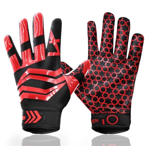 FINGER TEN American Football Receiver Handschuhe für Youth Jungen Mädchen, Torwarthandschuhe rutschfest Impact Palm Protection Outdoor Sport, Wasserdicht Gloves Fit Kinder Alter 5-14 (Rot, L) von FINGER TEN