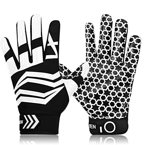 Finger Ten American Football Receiver Handschuhe für Youth Jungen Mädchen, Torwarthandschuhe Impact Palm Protection Sport, Wasserdicht Gloves Fit Kinder Alter 5-14 (Schwarz, M) von FINGER TEN