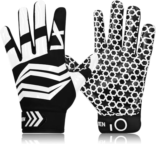 FINGER TEN American Football Receiver Handschuhe für Youth Jungen Mädchen, Torwarthandschuhe Impact Palm Protection, Wasserdicht Gloves Fit Kinder Alter 5-14 (Schwarz, XL) von FINGER TEN