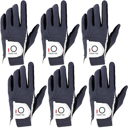 FINGER TEN Golf Handschuhe Herren RainGrip Hot Wet Wetter Komfort Extra Value Linke Hand Links und rechte Hand rechts strapazierfähigem Golf Handschuhe 6 Pack (Grau, Large, Links) von FINGER TEN