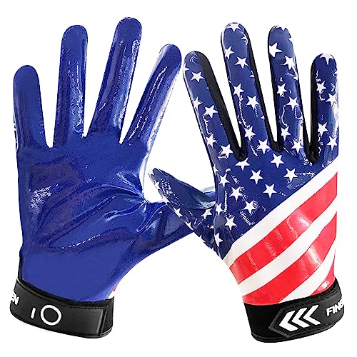 Finger Ten American Football Receiver Handschuhe für Youth Jungen Mädchen, Torwarthandschuhe Impact Palm Protection, Wasserdicht Gloves Fit Kinder Alter 5-14 (Kobalt, XL) von FINGER TEN