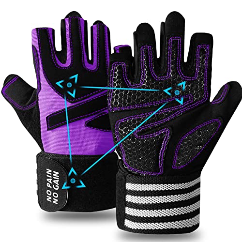 Finger Ten Fitness Handschuhe Handgelenkschutz Trainingshandschuhe Damen Kraftsport Fitnesshands (Halbfinger Violett, S) von FINGER TEN