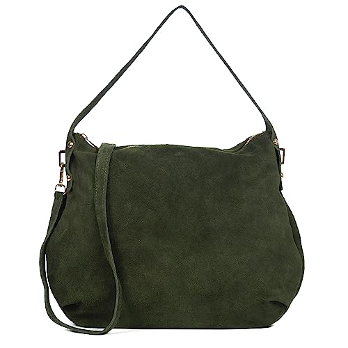 FIRENZE ARTEGIANI. Acerenza Schultertasche für Damen, Echtleder, Wildleder, 38 x 8 x 27 cm, Farbe: Grün, grün, Utility von FIRENZE ARTEGIANI