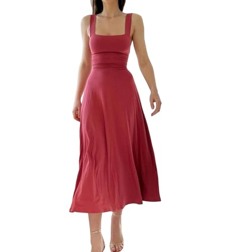 FITLIN Kleid Frauen Sommergurt Kurzarm Kurzarm Feste Farbe Maxikleid Hohe Taille Schlanker Eleganter Langes Kleid Casual Kleid-Wassermelonenrot-XL von FITLIN
