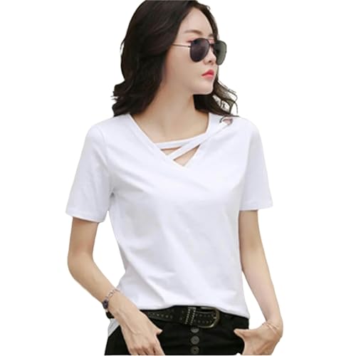 FITLIN T Shirt Damen Kurzarm T-Shirt Frauen V-Ausschnitt Lose Version Von Bluse Casual T-Shirt-Weiß-L von FITLIN