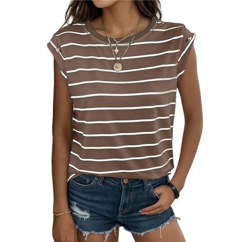 FITLIN T Shirt Damen Sommer Kurzärärmische Lässige Ärmellose T-Shirt Runde Nackenweste-Braun-XL von FITLIN