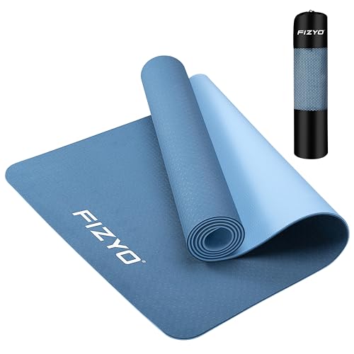 Übungsmatte für Yoga, Pilates und Fitness, 183x61x0,6 cm, aus TPE, mit Tragetasche und Gurt (Blau) von FIZYO