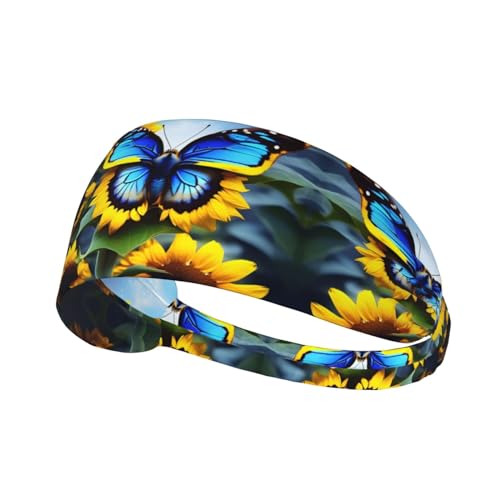 Sonnenblumen-Blauer Schmetterling dehnbares Sport-Haarband für Herren und Damen, Fitness-Stirnband für Tennis, Laufen, Radfahren und Yoga von FInpan