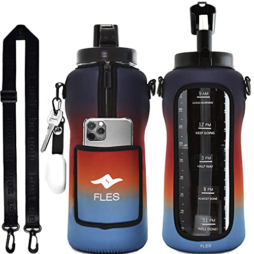 FLES Wasserflasche mit Strohhalm (Sonnenaufgang), Zeitmarkierungs-Aufkleber, um die Zeit zu verfolgen, 2 Liter BPA-freie Flasche und Handyhalter mit Riemen von FLES