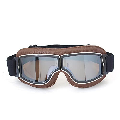 FLKAYJM Vintage Motorradbrillen Schutzbrille Fliegerbrille Helm Augenschutz Brille für Pilot Motocross Biker, braun/versilbern Brillenglas von FLKAYJM