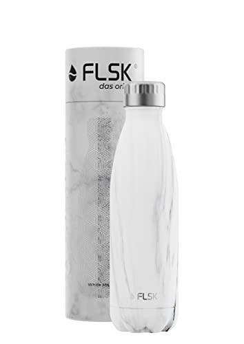 FLSK Das Original New Edition Edelstahl Trinkflasche – Kohlensäure geeignet | Die Isolierflasche hält 18 Stunden heiß und 24 Stunden kalt | ohne BPA und rostfrei, White Marble, 500ml von FLSK