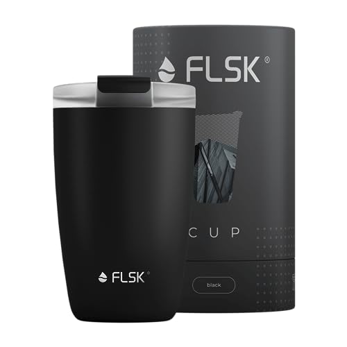FLSK CUP Edelstahl Mehrwegbecher für unterwegs (350 ml, 500 ml) - 3 h heiß, auslaufsicher, inkl. plastikfreier Tubebox und Mikrofaser-Buddy, ideal für Reisen, Büro oder Auffüllen im Café von FLSK