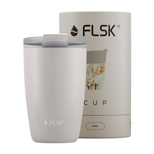 FLSK CUP Edelstahl Mehrwegbecher für unterwegs (350 ml, 500 ml) - 3 h heiß, auslaufsicher, inkl. plastikfreier Tubebox und Mikrofaser-Buddy, ideal für Reisen, Büro oder Auffüllen im Café von FLSK