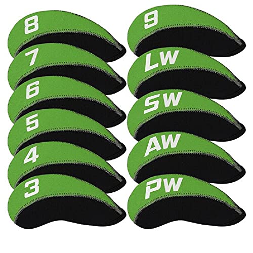 Fltrad Golfschläger-Schutzhüllen für Eisen, 3–9 AW/SW/PW/LW, elastisch, wiederverwendbar, Neopren, mit Zahlenschild, schützende Hülle, Schwarz und Grün, 12 Stück von FLTRADE