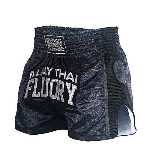 FLUORY Muay Thai Shorts, reißfeste Box-Shorts, MMA Fight Kick Kleidung für Männer Frauen Kinder Kampfsport Training Grappling-Schwarz-mtsf69-M von FLUORY