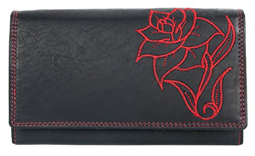 Damen Große schwarz-rote Geldbörse aus echtem Leder mit bestickte rote Rose von FLW