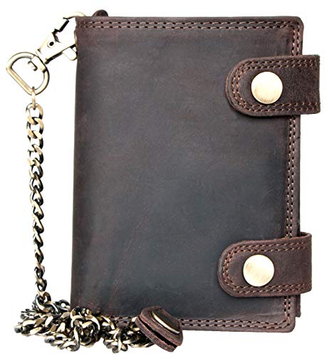 Braune RFID-Brieftasche aus echtem Leder mit Zwei Schnallen und Metallkette ohne Logos oder Markierungen von FLW