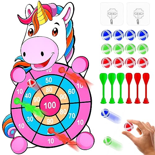 Einhorn Wurfspiel Dartscheibe, 74cm Kinder Klett Dartscheibe Mit 12 klebrigen Bällen und 6 Dart, Einhorn Dart Spielzeug für 3-9, Geburtstags Geschenke für Kinder (Einhorn) von FOHYLOY