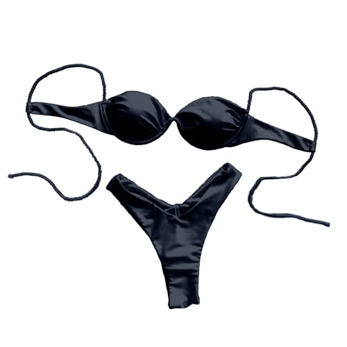 FOLODA Damen Zweiteiliger Tanga Badeanzug Mit Ausschnitt Push Up Bikinis Schnürung Badebekleidung Badeanzüge Strandmode Tanga Badeanzug von FOLODA