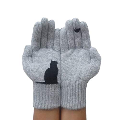 FOLODA Handschuhe, Frauen Winter Kunstwolle Dicke warme Strickhandschuhe Cartoon Katze Vogel Patchwork Fäustlinge von FOLODA
