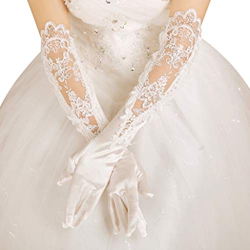 FOLODA Handschuhe, Wedding Bridal Long Gloves Hollow Embroidery Sequins Floral Lace Satin Mittens von FOLODA