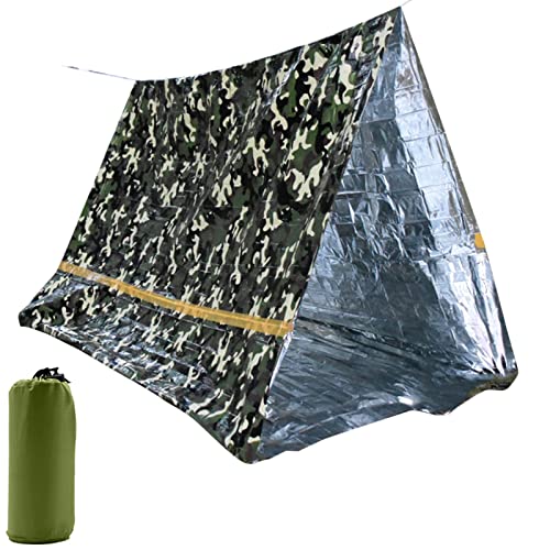 FONDUO Notfallzelt, 1 Personen Rettungszelt Notfall Survival Shelter, Wasserdicht Reflektierend PE-Folie Überlebensplane, Tragbar Glamping Zelt mit 6 Meter Schnur für Wandern und Zelten (Camouflage) von FONDUO