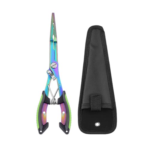 FONGKNOX 715 Titanizing Plated Fishing Long-Needle Nose Pliers Hook Remover Tool Bait Line Cutting Multi-Functional Lightweight Pliers Anti-Slip Grip with Safety Lock & Bag Easy Carry Green Colour von FONGKNOX