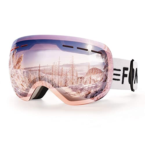 FONHCOO Skibrille Damen OTG Skibrille für Brillenträger, UV-Schutz Verspiegelte Schneebrille Mädchen Anti-Beschlag Ski Goggles (Rosa) von FONHCOO