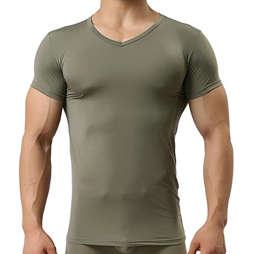 FORKIS Herren T-Shirt Männer Eisseide T-Shirts Männliche Männliche V-Ausschnitt Kurze Ärmel T-Shirt Tops Plus Size S-XXL-ArmyGreen,XL von FORKIS