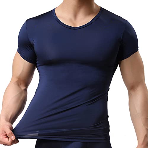 FORKIS Herren T-Shirt Männer Eisseide T-Shirts Männliche Männliche V-Ausschnitt Kurze Ärmel T-Shirt Tops Plus Size S-XXL-Navyblue,M von FORKIS