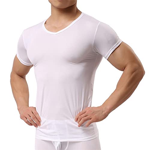 FORKIS Herren T-Shirt Männer Eisseide T-Shirts Männliche Männliche V-Ausschnitt Kurze Ärmel T-Shirt Tops Plus Size S-XXL-White,XL von FORKIS