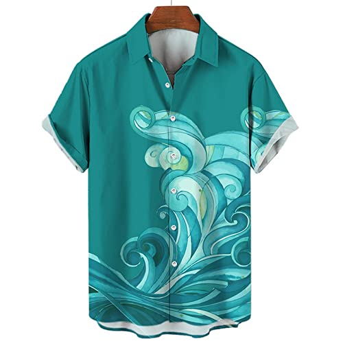FORKIS Herren-T-Shirt Retro Ozeanwelle 3D-Druck Herren Hawaiihemden Casual Fashion Sommer Herren Hemden Übergröße Kurzarm Revers Lose Tops-I,5XL von FORKIS