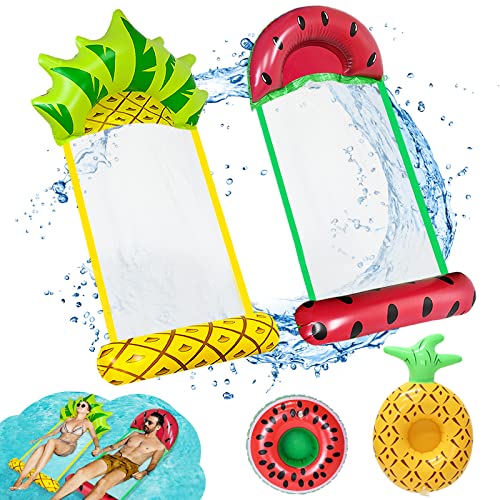 FORMIZON Aufblasbare Wasserhängematte, 2 Stück Pool Schwimmbett mit 2 Stück Becherhalter, Wassermelone Ananas Zusammenklappbar Aufblasbare Hängematte für Erwachsene und Kinder von FORMIZON