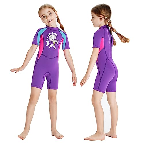 FORMIZON Neoprenanzug Kinder Neopren Shorty Thermal Tauchen Badeanzug, 2,5 mm Neopren Rückenreißverschluss Einteilige Neoprenanzüge für Wassersport Surfen Schwimmen Tauchen (Helles Lila Kurzarm, XXL) von FORMIZON