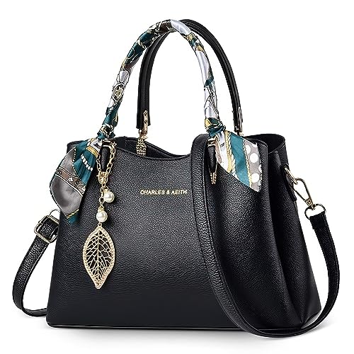 FORRICA Handtasche Damen Henkeltaschen mit Exquisiter Anhänger Elegant Umhängetasche PU Leder Schultertasche für Reisen Bankett Shopper Schwarz von FORRICA