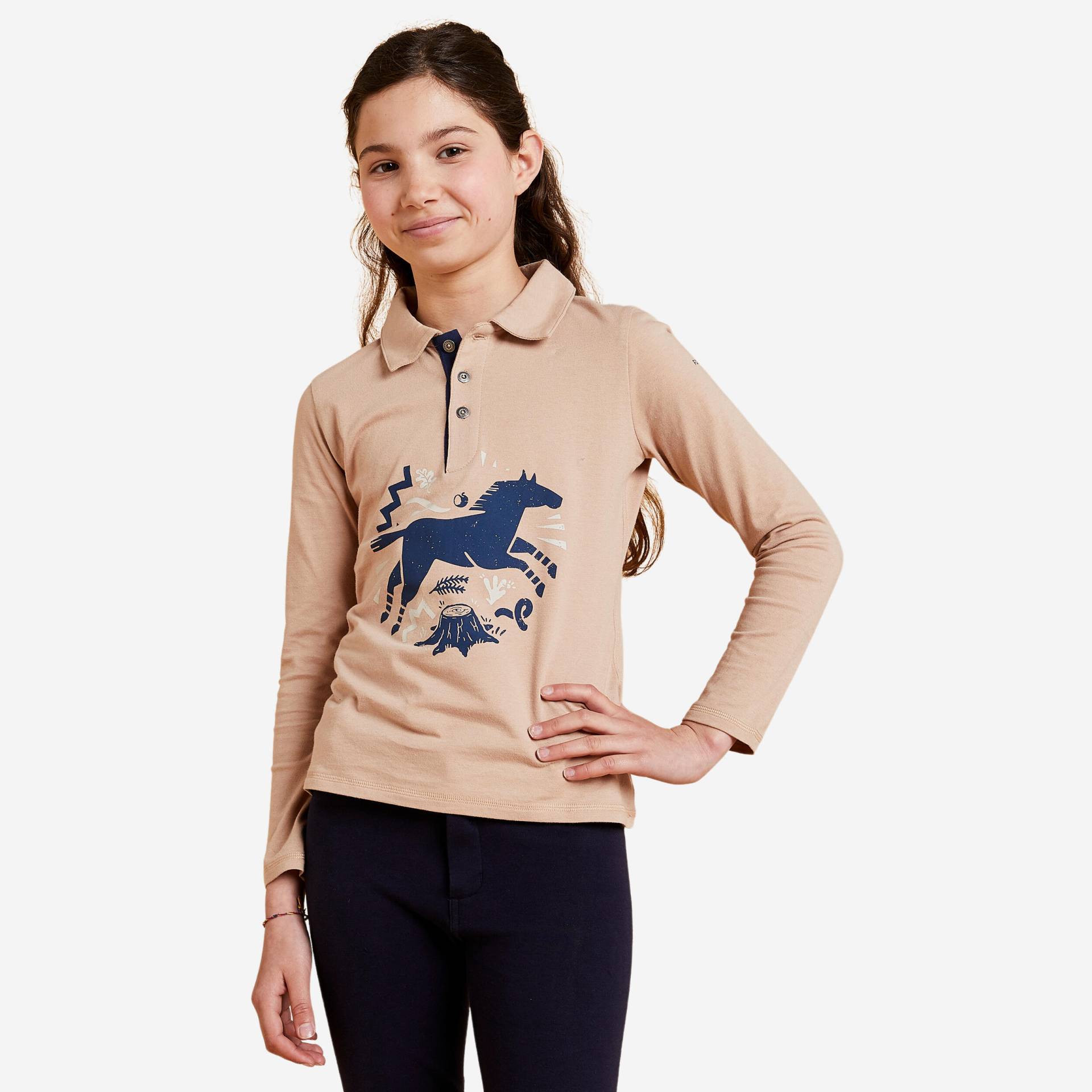 Reit-Poloshirt 100 Langarm Kinder beige/marineblau von FOUGANZA