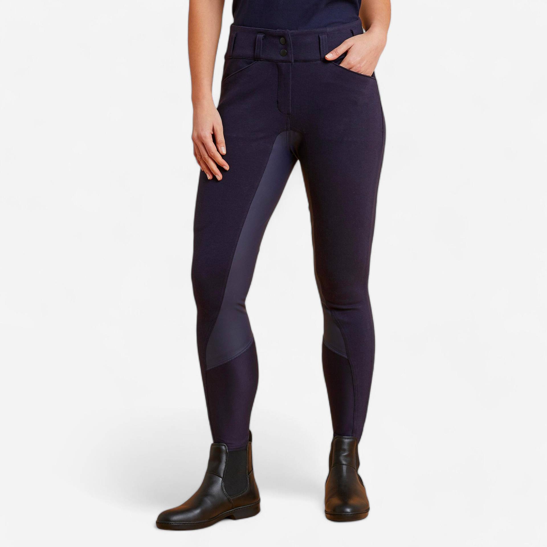 Reithose 100 High Waist Vollbesatz Kunstleder Damen dunkelblau von FOUGANZA
