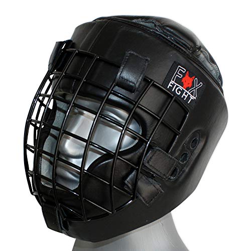 FOX-FIGHT Kopfschutz mit Metallgitterfront für Gesichtsschutz. Headguard aus echtem Leder mit Kopfdeckel. Boxhelm für Kampfsport, MMA, Boxen, Kickboxen & Sparring (schwarz, L/XL) von FOX-FIGHT