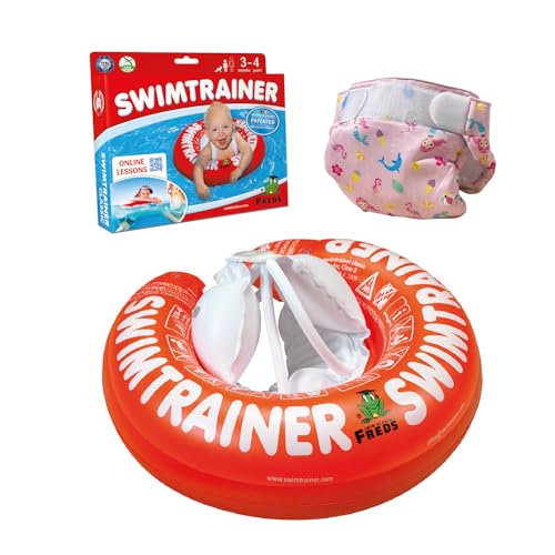 FREDS SWIM ACADEMY SWIMTRAINER Set Classic Rot & Nappy Pink in Größe 1, aufblasbare Schwimmhilfe für Kinder von 3 Monaten bis 4 Jahren mit Schwimmwindel von FREDS SWIM ACADEMY