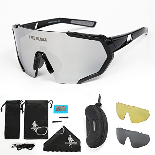 FREE SOLDIER Polarisierte Sport Sonnenbrille mit 3 Wechselgläsern für Herren Damen Fahrradbrille UV400 Leichte Rennrad Brille Beim Reiten Wandern Segeln Angeln Fahren Golf(Schwarz + Silbergrau) von FREE SOLDIER
