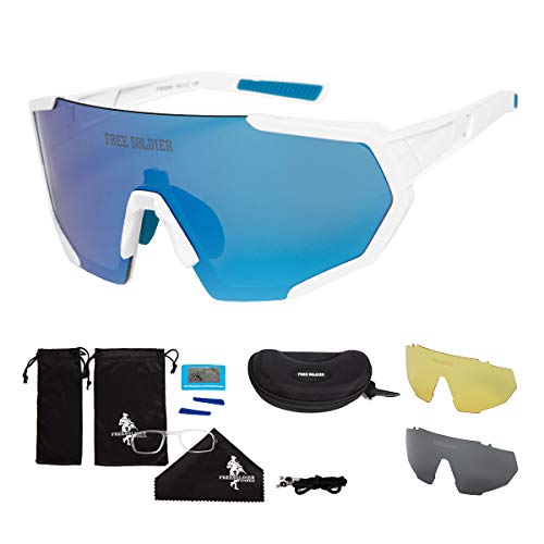 FREE SOLDIER Polarisierte Sport Sonnenbrille mit 3 Wechselgläsern für Herren Damen Fahrradbrille UV400 Leichte Rennrad Brille Beim Reiten Wandern Segeln Angeln Fahren Golf(Weiß + Blau Farbe) von FREE SOLDIER