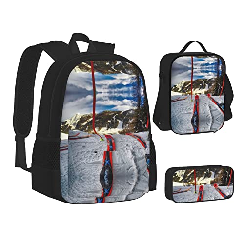 FRGMNT Winter Skifahren Rucksack Schule Büchertaschen Set Lunchtasche Federmäppchen Schulrucksäcke für Teen Mädchen Jungen, Skifahren im Winter, Einheitsgröße, Schulrucksack von FRGMNT