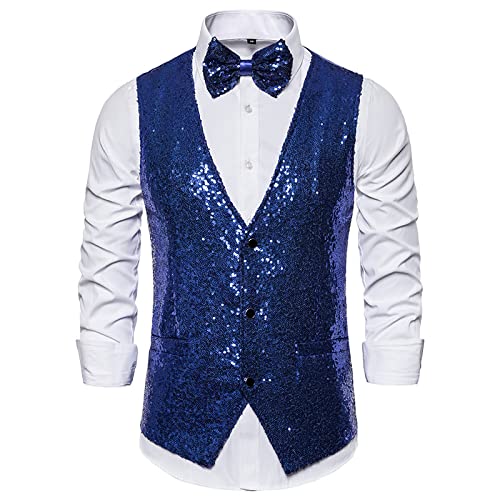 FRLISR Anzug Weste - Glänzendes Blau Pailletten Kleid Westen Herren Slim Fit V-Ausschnitt Glitzer Smoking Weste Herren Hochzeit Bühne Prom Weste Ärmelloser Anzug Weste,Royal Blue,S von FRLISR