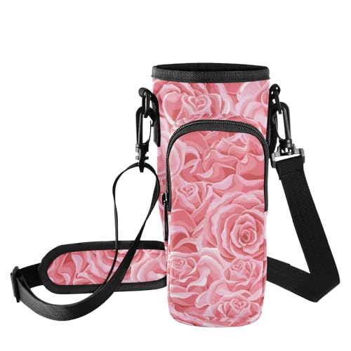 FRODOTGV Pink Roses Art Flowers Wasserflaschenhalter, 1,2 l, Wanderflaschen-Tragetasche mit Wasserflaschenhalter mit Gurt und Tasche von FRODOTGV