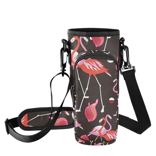 FRODOTGV Rote Flamingos schwarze Wasserflaschenhalter, 1,2 l, Reisetasche mit Wasserflaschenhalter, Tasche mit Wasserflaschenfach mit Gurt von FRODOTGV