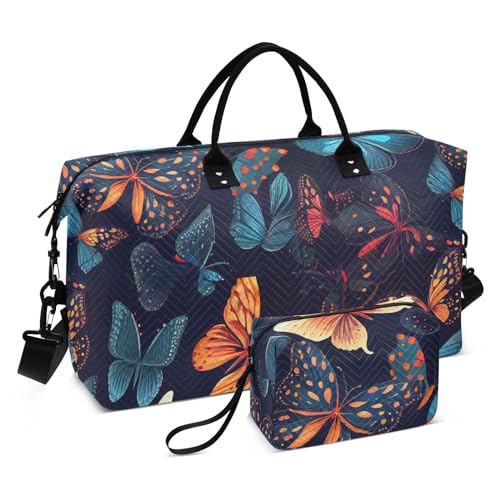 Große Reisetasche mit buntem Schmetterlingsmuster, groß, wasserdicht, Sporttasche mit verstellbarem Gurt, für Yoga, Flugzeug, Reisen, Bunte Schmetterlinge, dunkelgrünes Muster, 1 Size von FRODOTGV